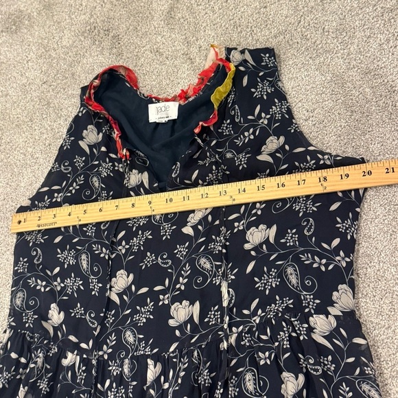 Johnny Was Jade Susila Silk Dress Red Pom Trim Blue White Print Size Medium NWOT - Picture 8 of 9